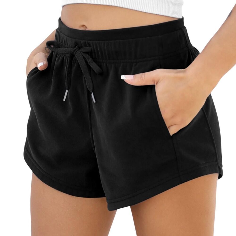 Ododos Black Cotton Terry Drawstring Workout Shorts